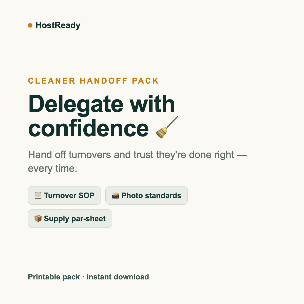 HostReady Cleaner Handoff Pack — turnover SOP, photo standards and supply par-sheet for your Airbnb cleaner