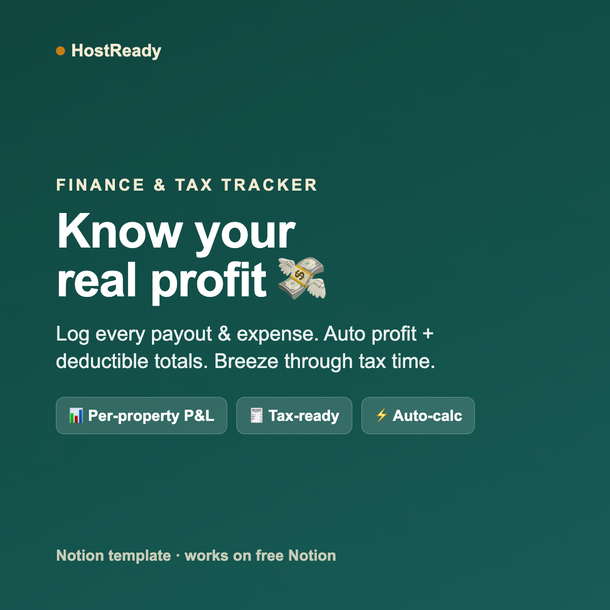 HostReady Finance & Tax Tracker — Notion template showing Airbnb income, expenses and net profit by month