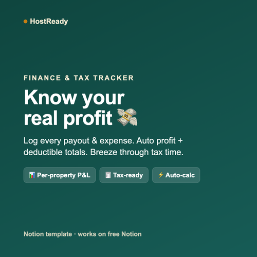 HostReady Finance & Tax Tracker — Notion template showing Airbnb income, expenses and net profit by month