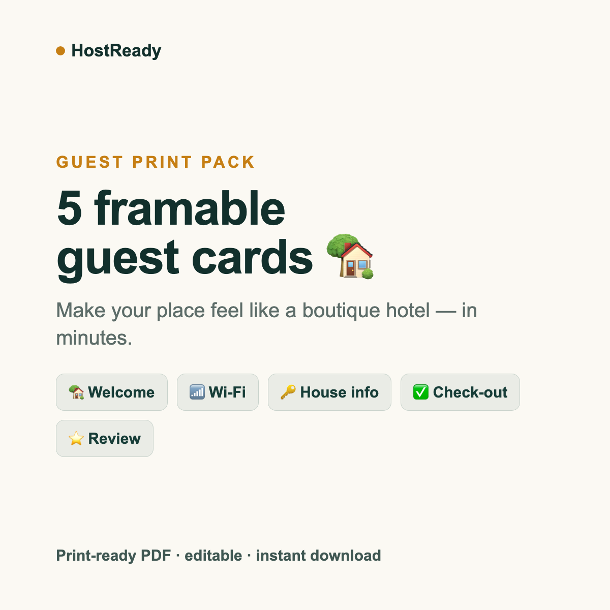 HostReady Print Pack — five printable A5 Airbnb guest cards: welcome, Wi-Fi, house info, check-out and review request