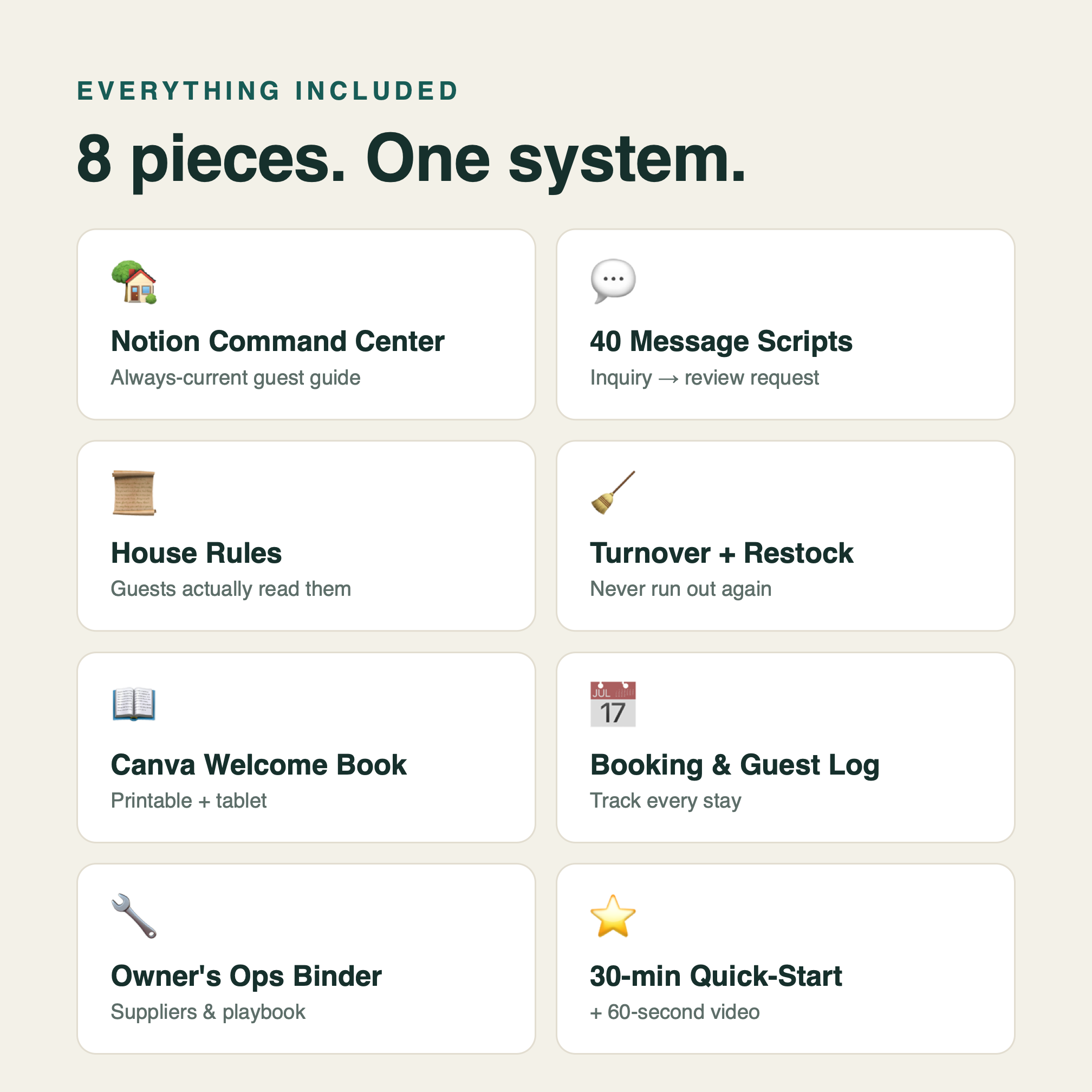 What's inside HostReady: Notion command center, printable welcome book, 40 message scripts, turnover checklists